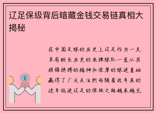 辽足保级背后暗藏金钱交易链真相大揭秘