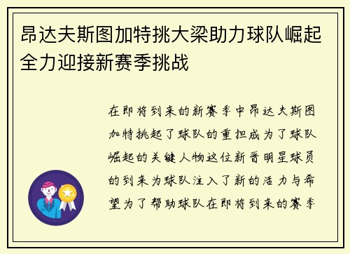 昂达夫斯图加特挑大梁助力球队崛起全力迎接新赛季挑战